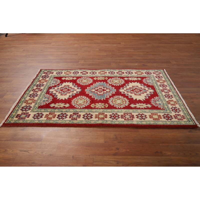 Kazak Foyer Rug Handmade Red Geometric Wool Carpet - 2'8"x 4'0"