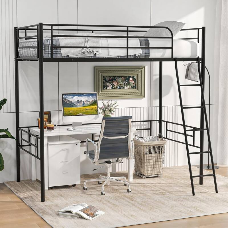 Twin Size Loft Bed Metal Loft Bed Frame w/Ladder & Safety Guardrail