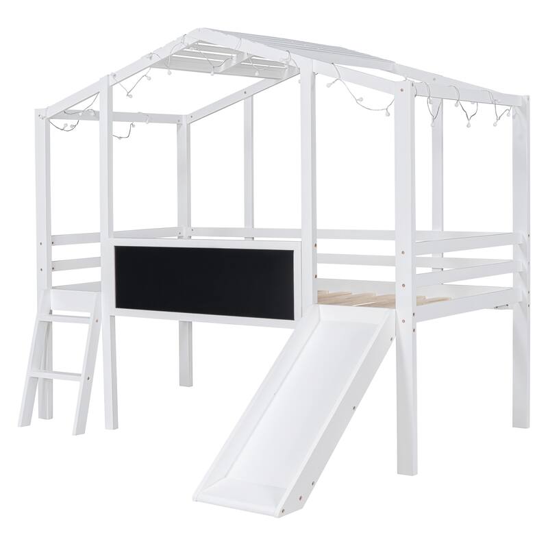 Twin Size Loft Bed with Ladder and Slid, House Bed Frame with Blackboard and Light Strip, Space-Saving Bed No Box Spring Needed