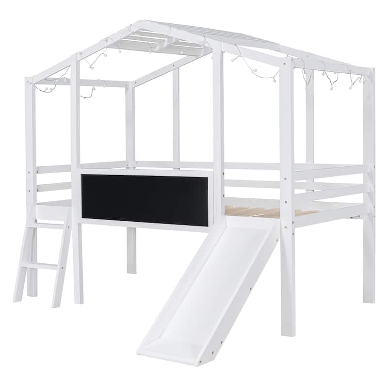 White Twin Size Solid Wood Loft Bed with Ladder and Slide, House Bed with Blackboard and Light Strip on the Roof