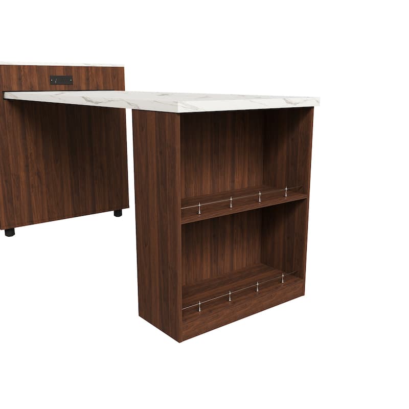 80" Expandable Kitchen Island with Dining Table with Marble-Grain Countertop with Power Outlet