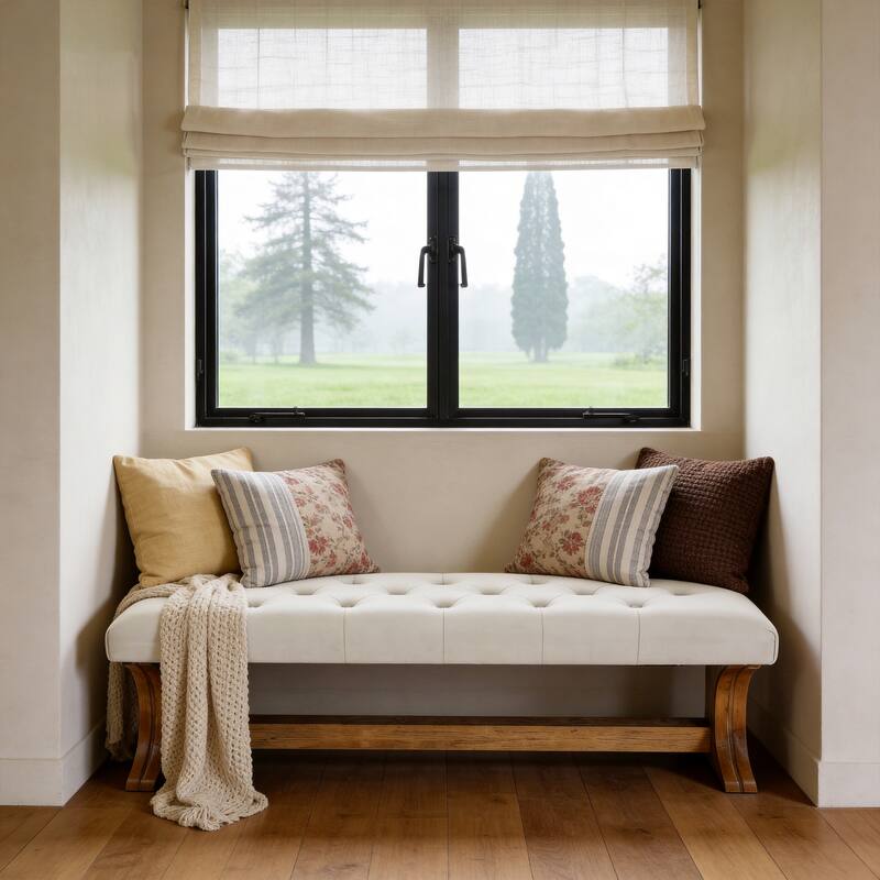 55" Upholstered End of Bed Bench, Solid Wood Tufted Entryway Bench