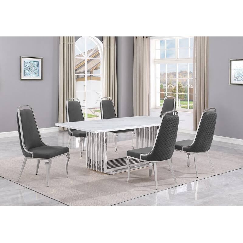 Best Quality Furniture D312/3-SC310-7 Dining Set with 79" White Marble Top - 7-Piece - Dark Grey / Silver