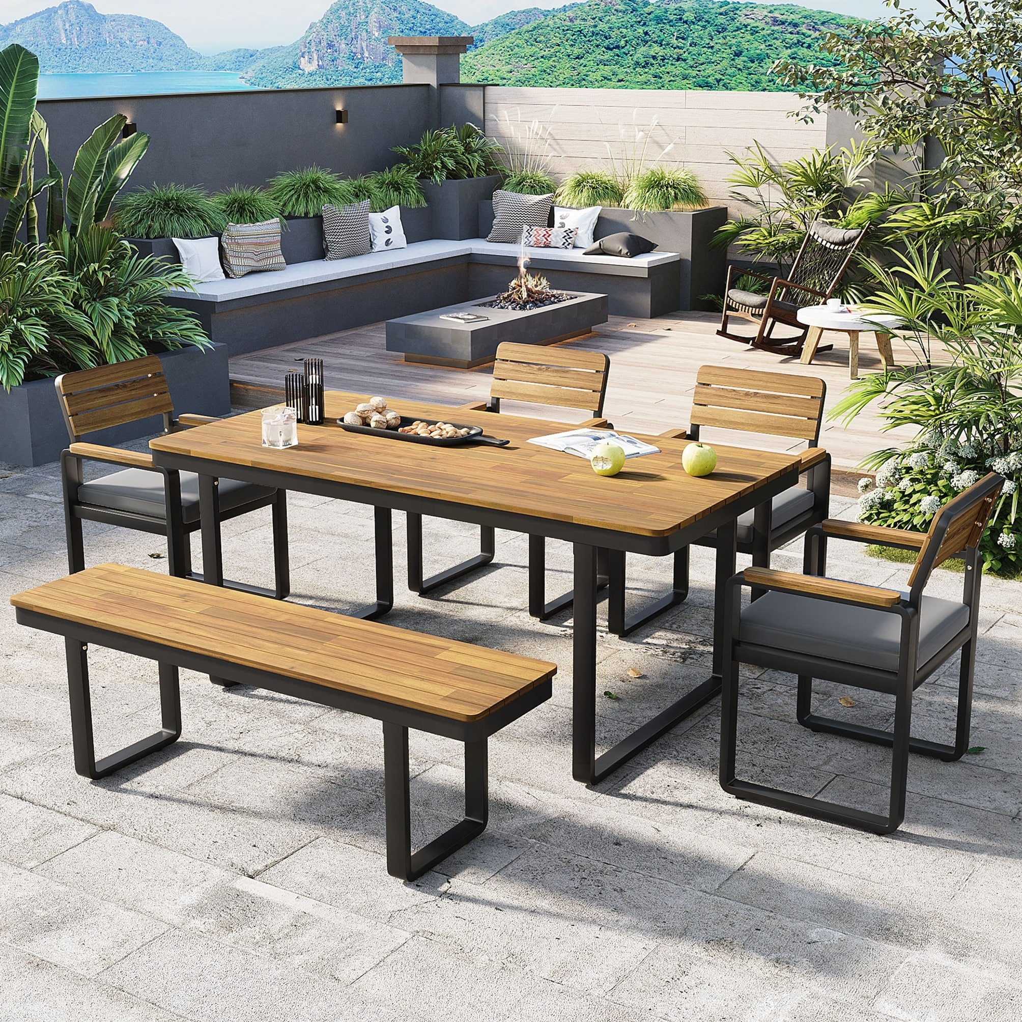 6-Piece Outdoor Dining Set, Acacia Wood, 1 Table with 4 Chairs & 1 Bench