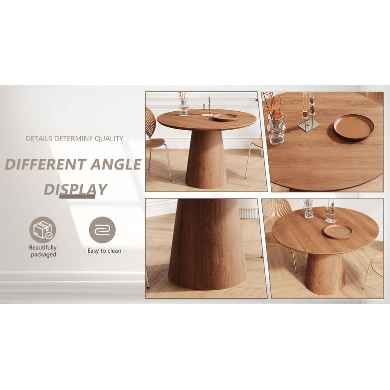 Elegant Round Coffee Table for 4, MDF Base with Unique Design, Natural Wood Grain Dining Table