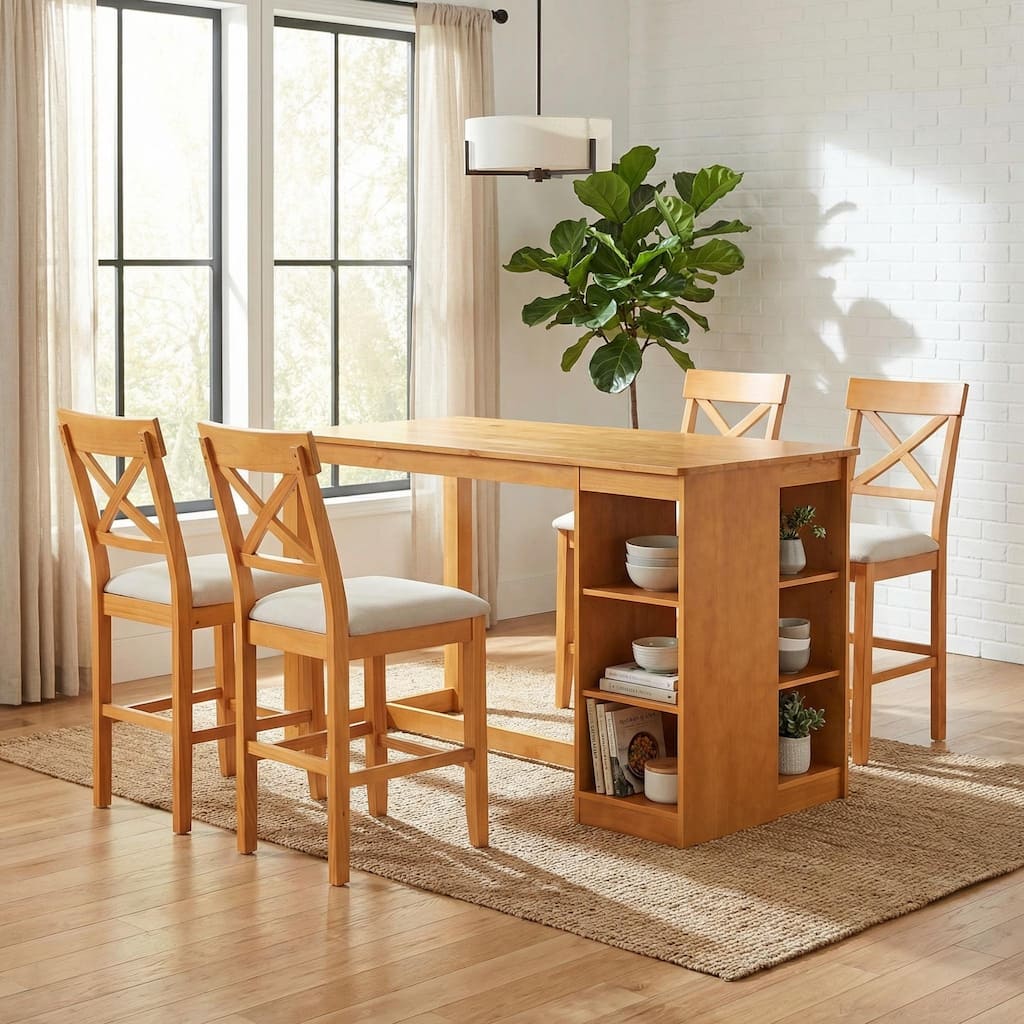 Homylin Solid Rubberwood Counter Height Dining Table Set with Storage, Brown