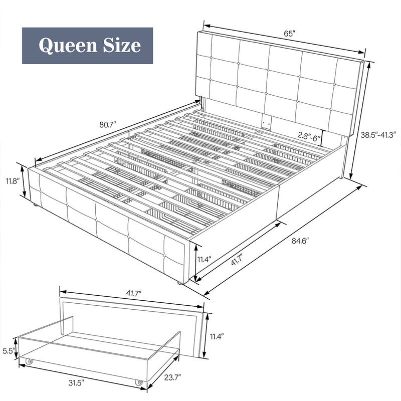 Queen Upholstered Bed with 4 Drawers & Adjustable Headboard, Dark Grey