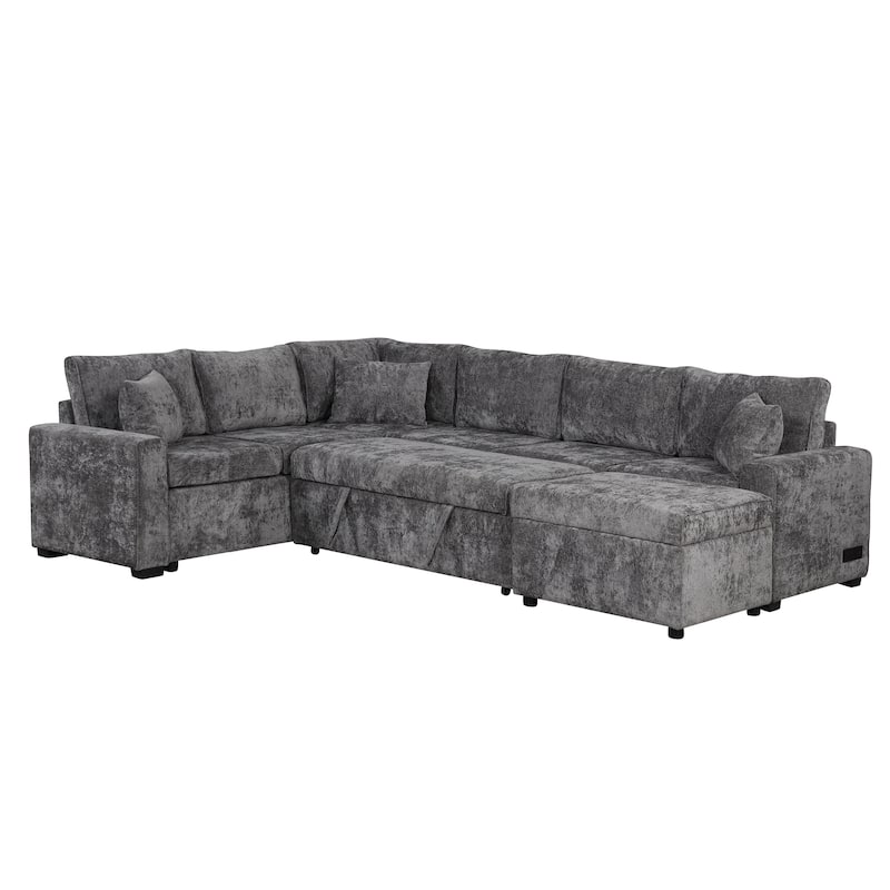 112.2" Sectional Sofa Pull-out Sofa Bed Sleeper with a Storage Ottoman,Three Pillows and Charging Devices for Living Room, Cream
