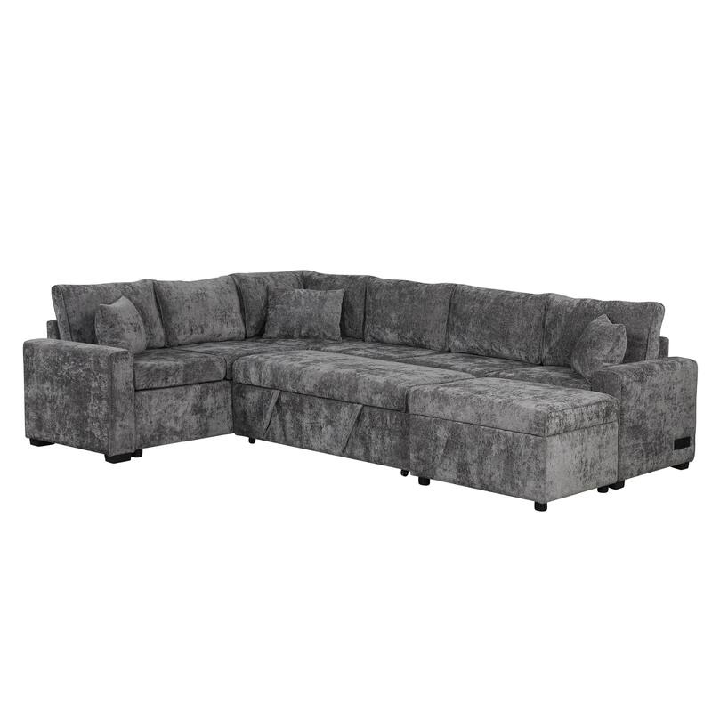 Pull-Out Sofa Bed with Storage Ottoman and Charging Ports for Living Room