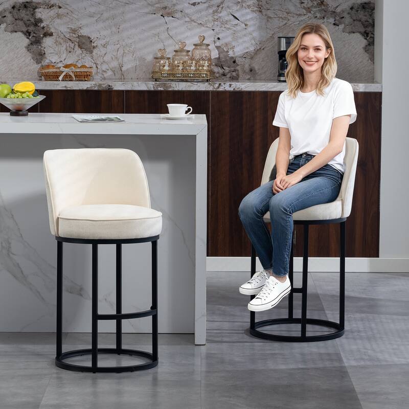 Counter Height Bar Stools Set of 2, Modern Barrel Counter Stools with Backrest, Linen Fabric Upholstered Accent Bar Stools