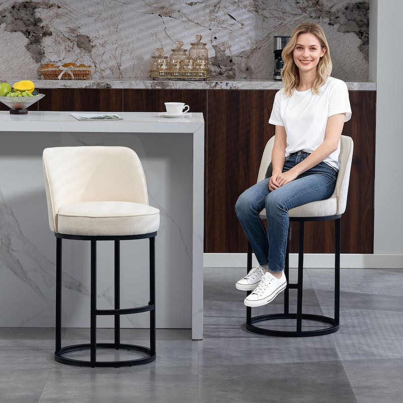 Set of 2 Modern Barrel Counter Stools with Backrest, Linen Upholstered Bar Stools for Kitchen Island