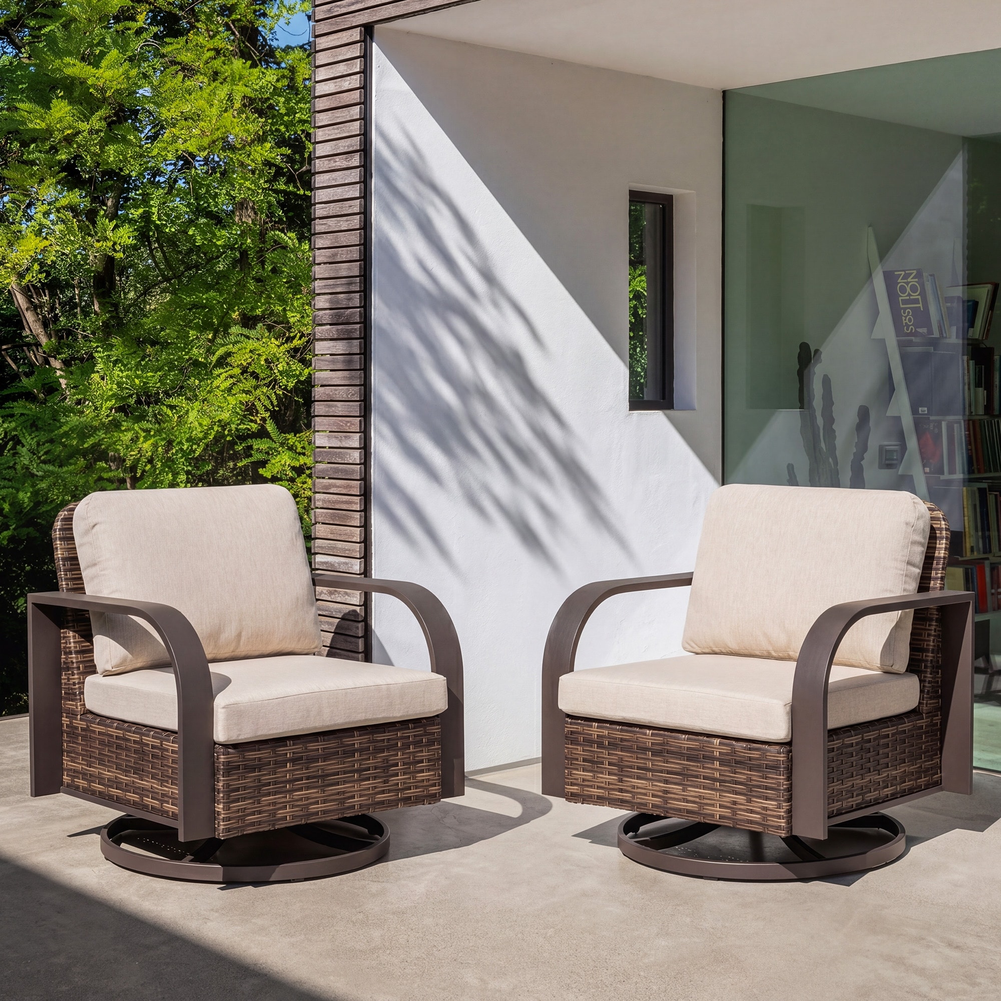 Nuu Garden Handwoven Wicker Metal Swivel Patio Sofa with Cushion and Pillow