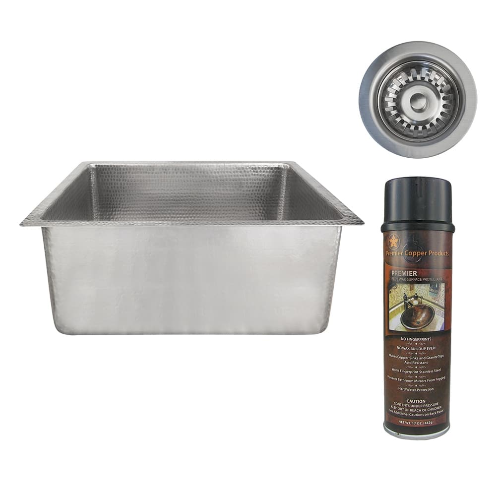 20" Rectangle Hammered Copper Kitchen/Bar/Prep Single Basin Sink in Nickel, Matching Drain and Accessories