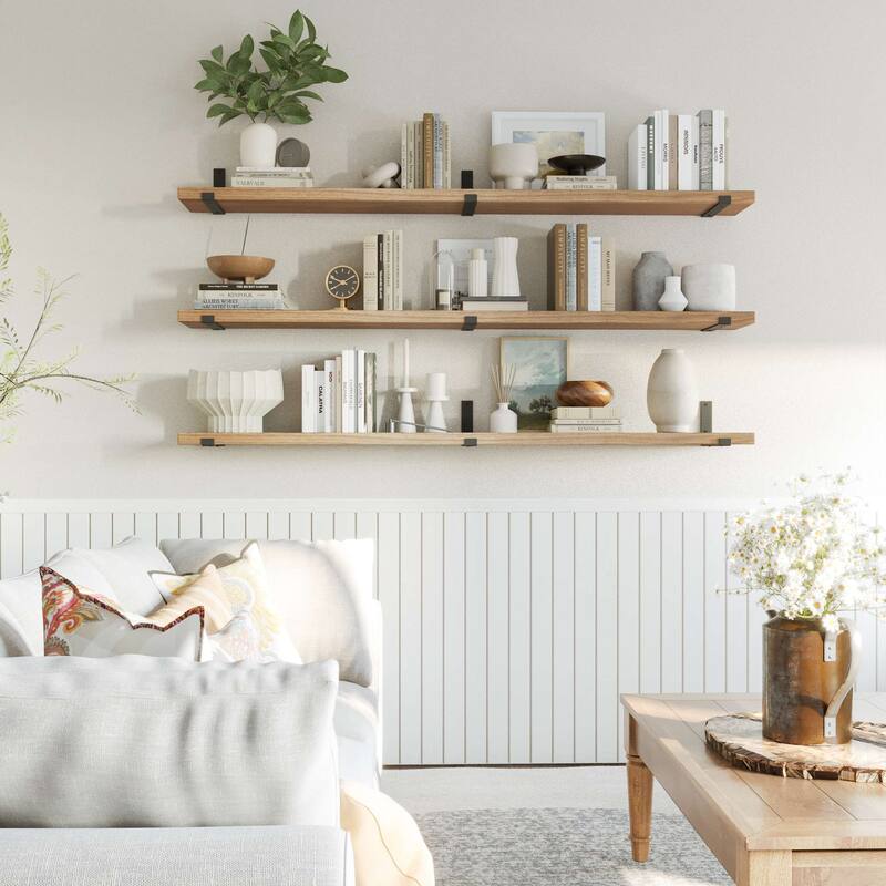 Wallniture Forte Wood Board 72" Long, 9.25'' Deep, 1.5" Thick, Floating Bookshelf for Wall, Hanging Shelf Living Room Decor, 1Pc - Special Walnut