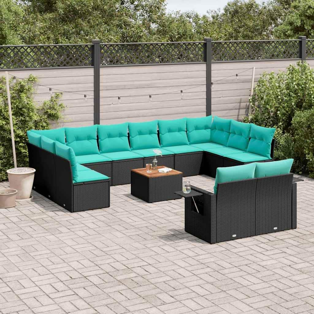 vidaXL 13 Piece Patio Sofa Set with Cushions Gray/Black Poly Rattan - 24.4" x 24.4" x 27.2"
