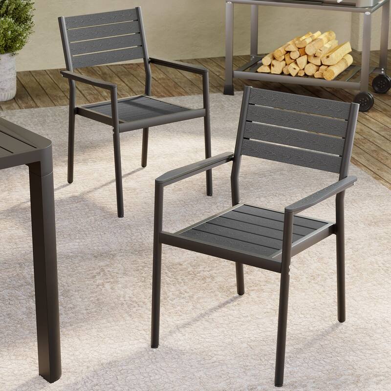 Outdoor Patio Dining Chairs Modern Aluminum Stackable Armchairs - See Picture - Black, 2PCS