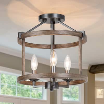 Farmhouse 3-Light Drum Semi-Flush Mount Wood Grain Ceiling Lights
