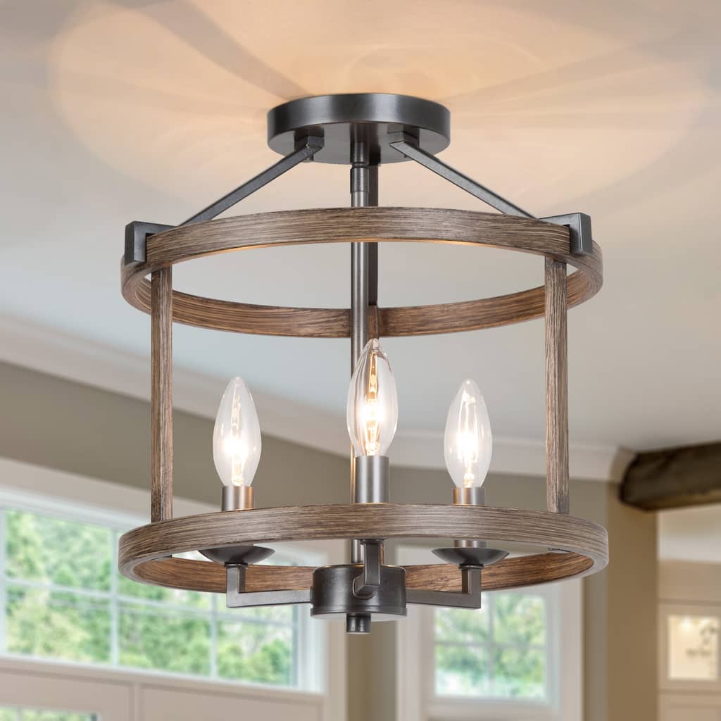 Farmhouse 3-Light Drum Semi-Flush Mount Wood Grain Ceiling Lights