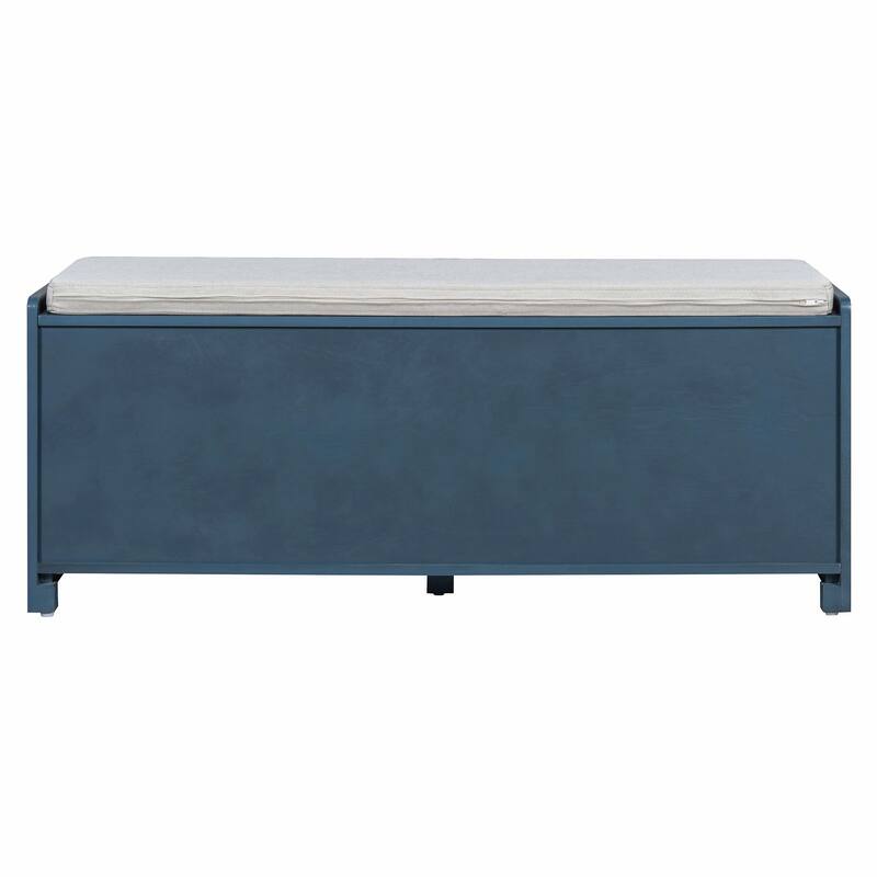 Rustic Storage Bench with Removable Cushion, Woven Rattan Doors & Adjustable Shelves