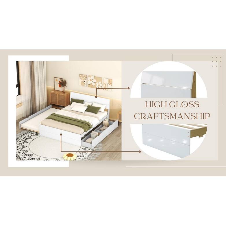 Modern Full Bed Frame with Twin Trundle, 2 Drawers, White High Gloss Finish