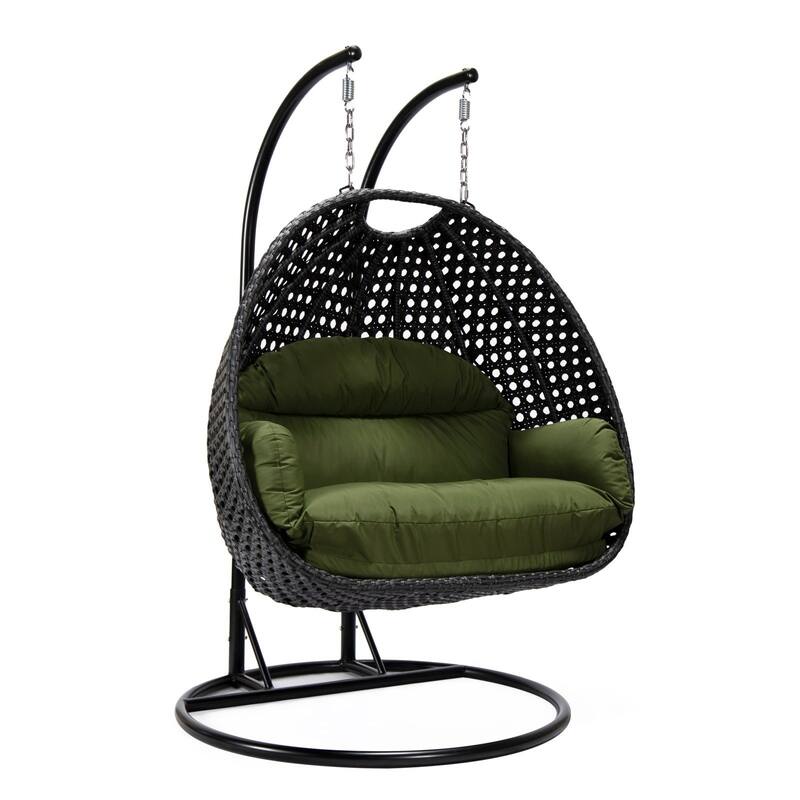 Patio 2-Person Hanging Egg Swing Chair Charcoal Wicker and Iron Frame Breathable Removable Cushion Covers by LeisureMod