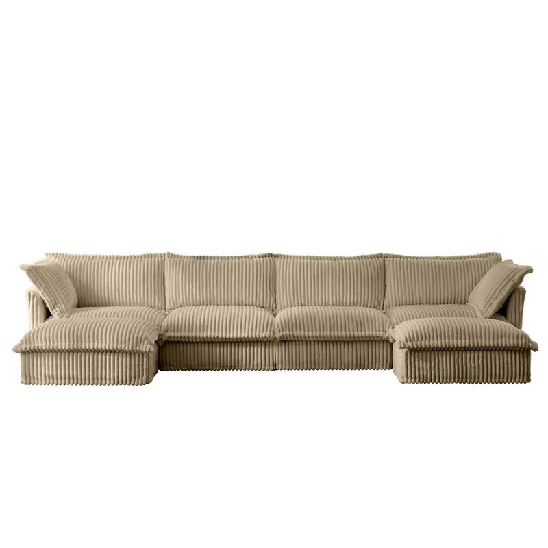 Modern 4 Seater Upholstered Sofa with 2 Ottomans and 2 Pillows - Camel