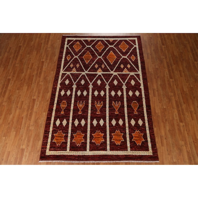 Hand Knotted Oriental 100% Wool Carpet Modern Geometric Red Moroccan Area Rug - 9' 10'' X 6' 8''