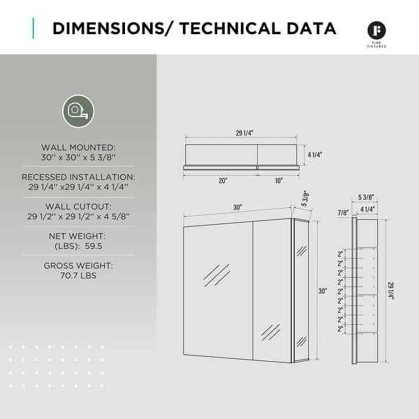 dimension image slide 9 of 15, Bathroom Medicine Cabinet, Aluminum, Recessed/Surface Mount, Right/Left Hinged, Mirrored Interior