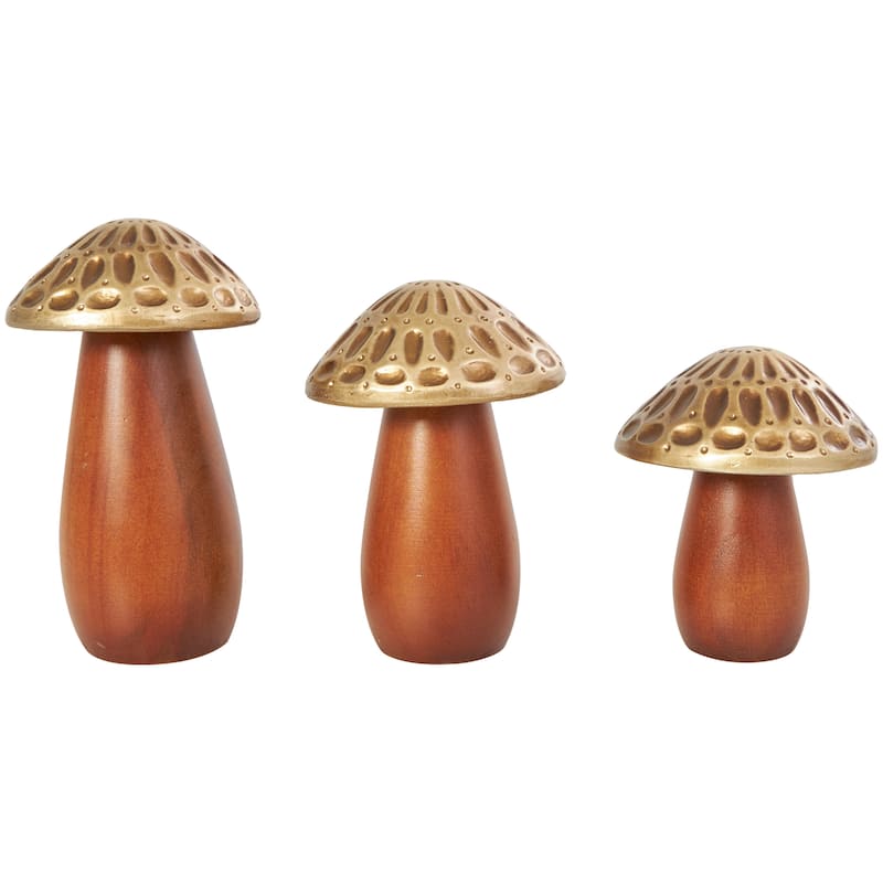 Wood Mushroom Sculpture with Gold Tops and Groove Patterns - Set of 3 Brown - Roche River Decor - 4"W x 4"L x 7"H