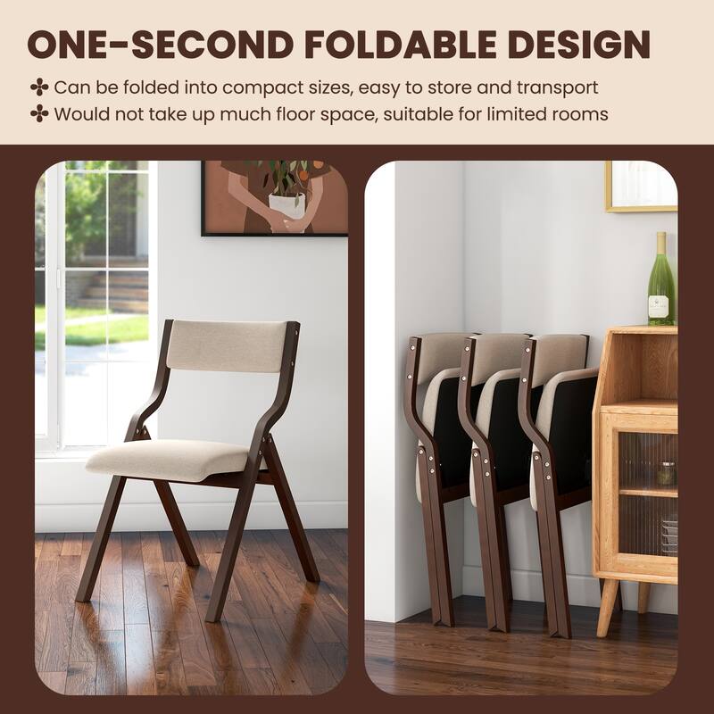 Set of 2 Linen Fabric Folding Chairs with Curved Backrest and Solid Bentwood Legs for Kitchen Use - 19" x 24" x 31" (L x W x H)