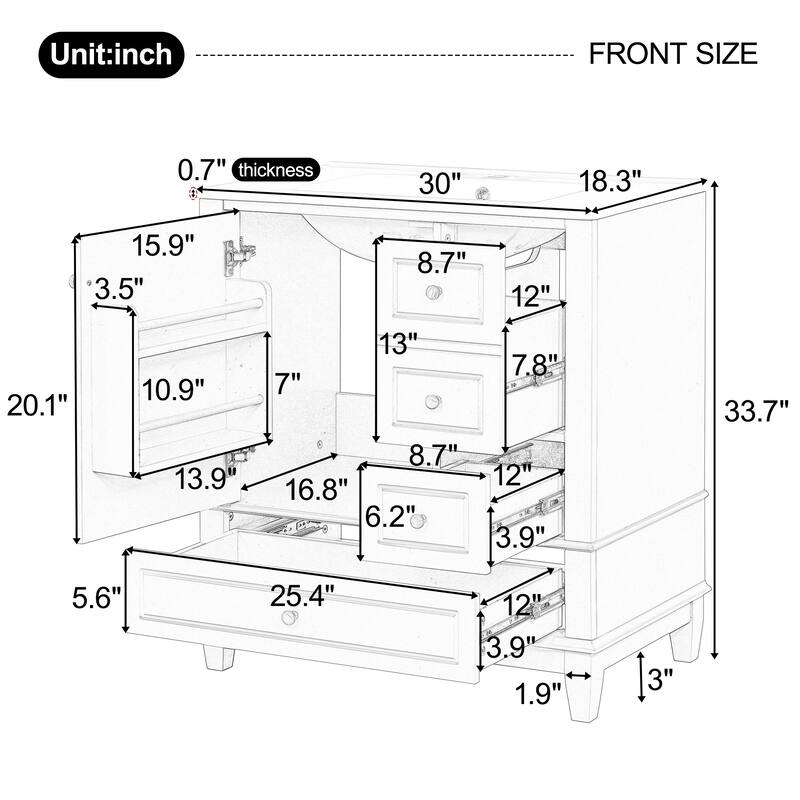 30" Bathroom Vanity with One Door, 3 Drawers, Ceramic Sink, and Soft-Close Hinges