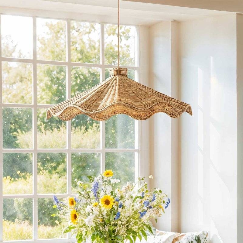Ariel Rattan Pendant Light - Natural Large Cone 1-Light Handwoven Light Fixture For Modern, Transitional, Farmhouse Room Décor