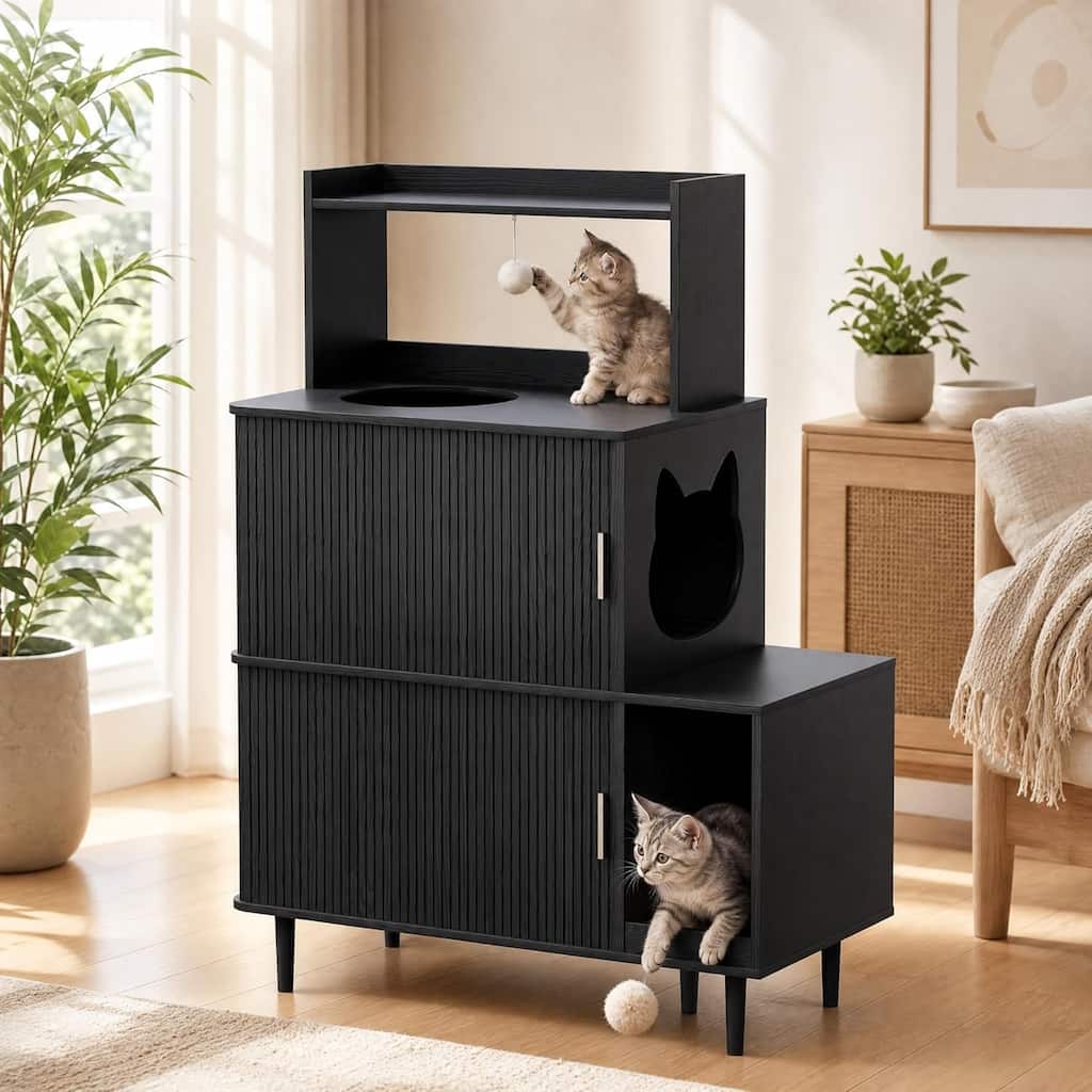 Cat Litter Box Enclosure with Sliding Door, Large 3 Tiers Wood Cat House with Cat Scratch Pad and 2 Dangling Plush Balls