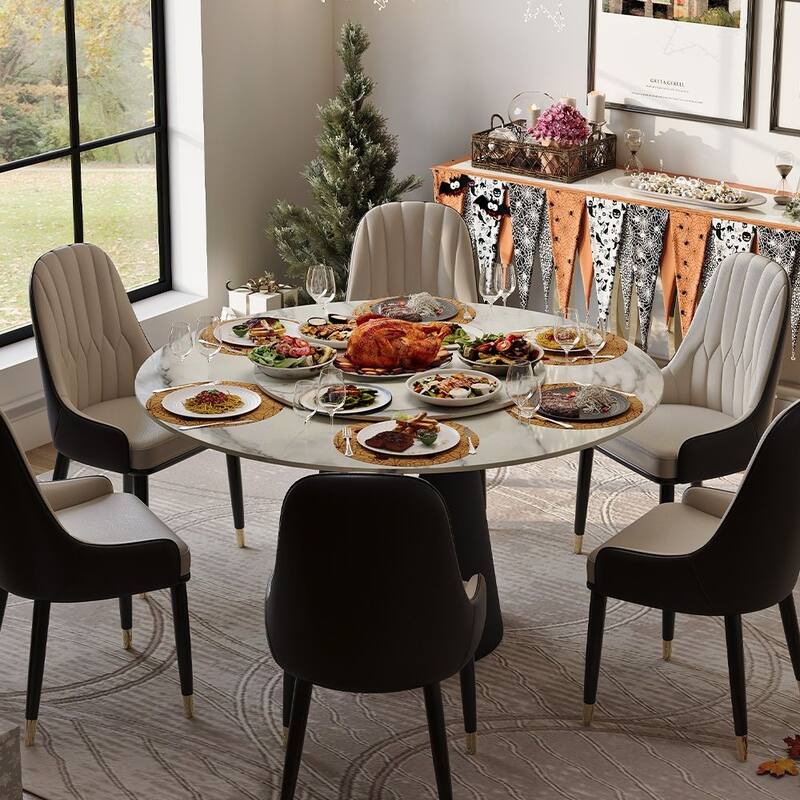 Modern Round White Dining Table，Sintered Stone Tabletop, Solid Black Carbon Steel Base
