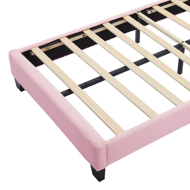 Twin Size Sherpa Fabric Upholstered Platform Bed with Elegant Flowers Headboard and Wooden Slats Support