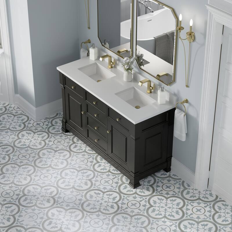 Brookfield 60D" Double Vanity, Black Onyx - White Zeus - Single Hole