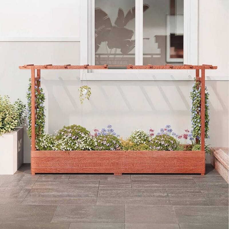 Freestanding Garden Bed Raised Wooden Planter Box with Trellis - Brown