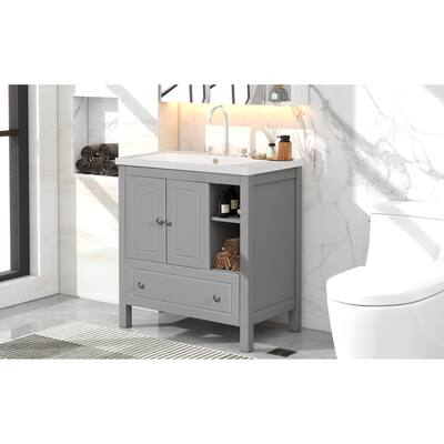Brown 30" Bathroom Vanity Storage Cabinet with Ceramic Sink & Drawers
