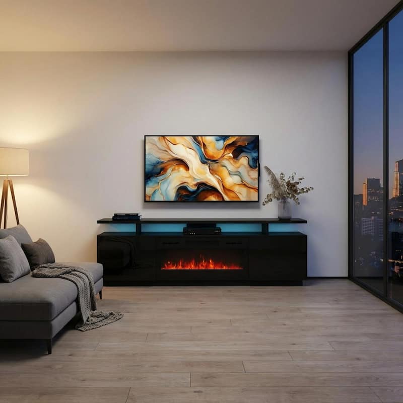Meble Furniture Eva 71" E-Fireplace TV Stand w/LED, Temperature Control & Remote, Fits TVs up to for up to 80" TVs