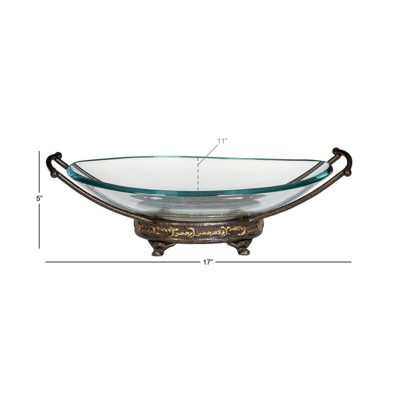 Tempered Glass Kitchen Serving Bowl with Brown Metal Base - Clear - Roche River Decor - 11"Wx17"Lx5"H