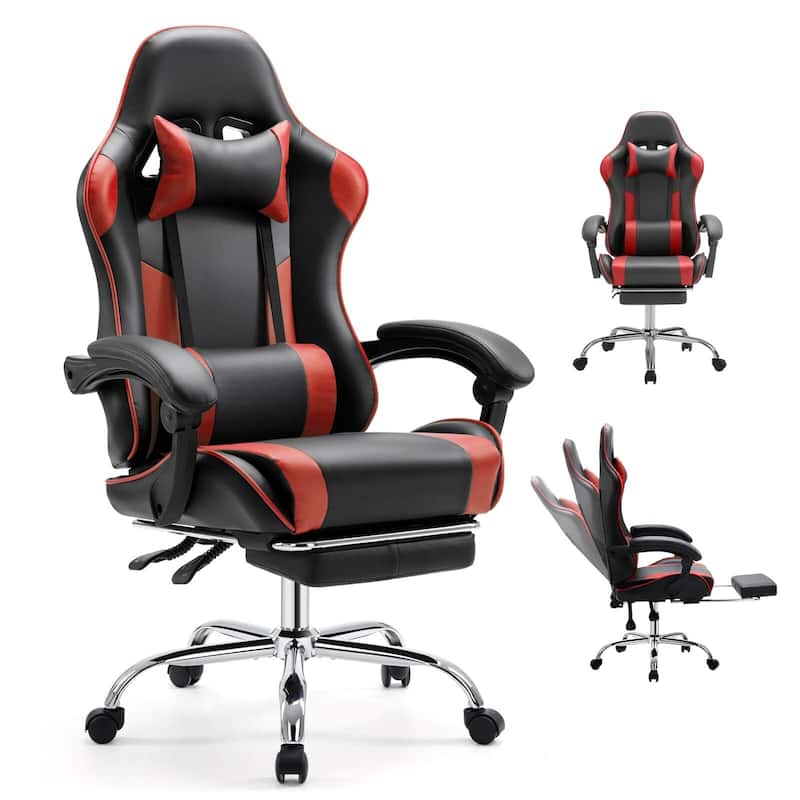 Ergonomic Faux Leather High Back Gaming Chair with Footrest & Linkage Armrests – Black & Gray for Adults - Red
