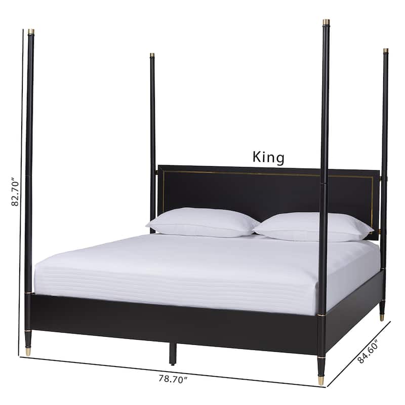 Tamra Four-Poster Platform Bed - Black Wood Bed Frame with Metallic Trim and Capped Legs, Modern Transitional Style, King