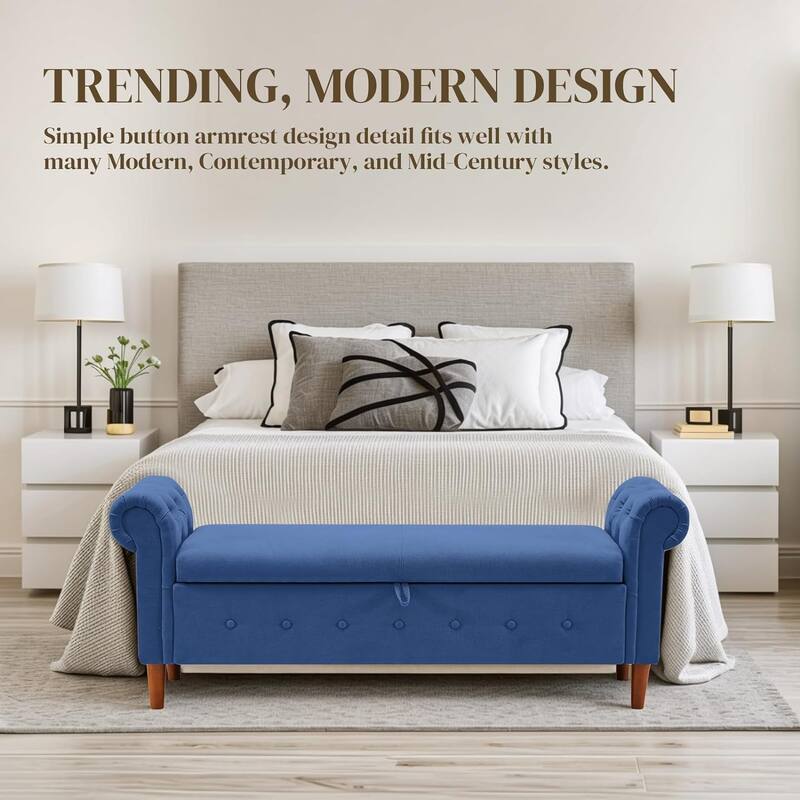 Multipurpose Rectangular Linen Sofa Stool with Large Space Saving Storage, 4 Rubber Wood Feet - 63 x 22.1 x 24.1 inch