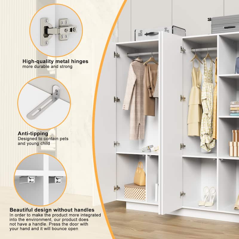 63"W Family 4-Door Wardrobe Armoire Closet Storage LED Light High Gloss - N/A
