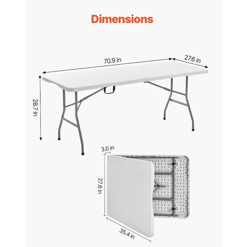 6ft White HDPE Folding Portable Camping Table with Carbon Steel Legs for 4-6 Person for Picnic or BBQ