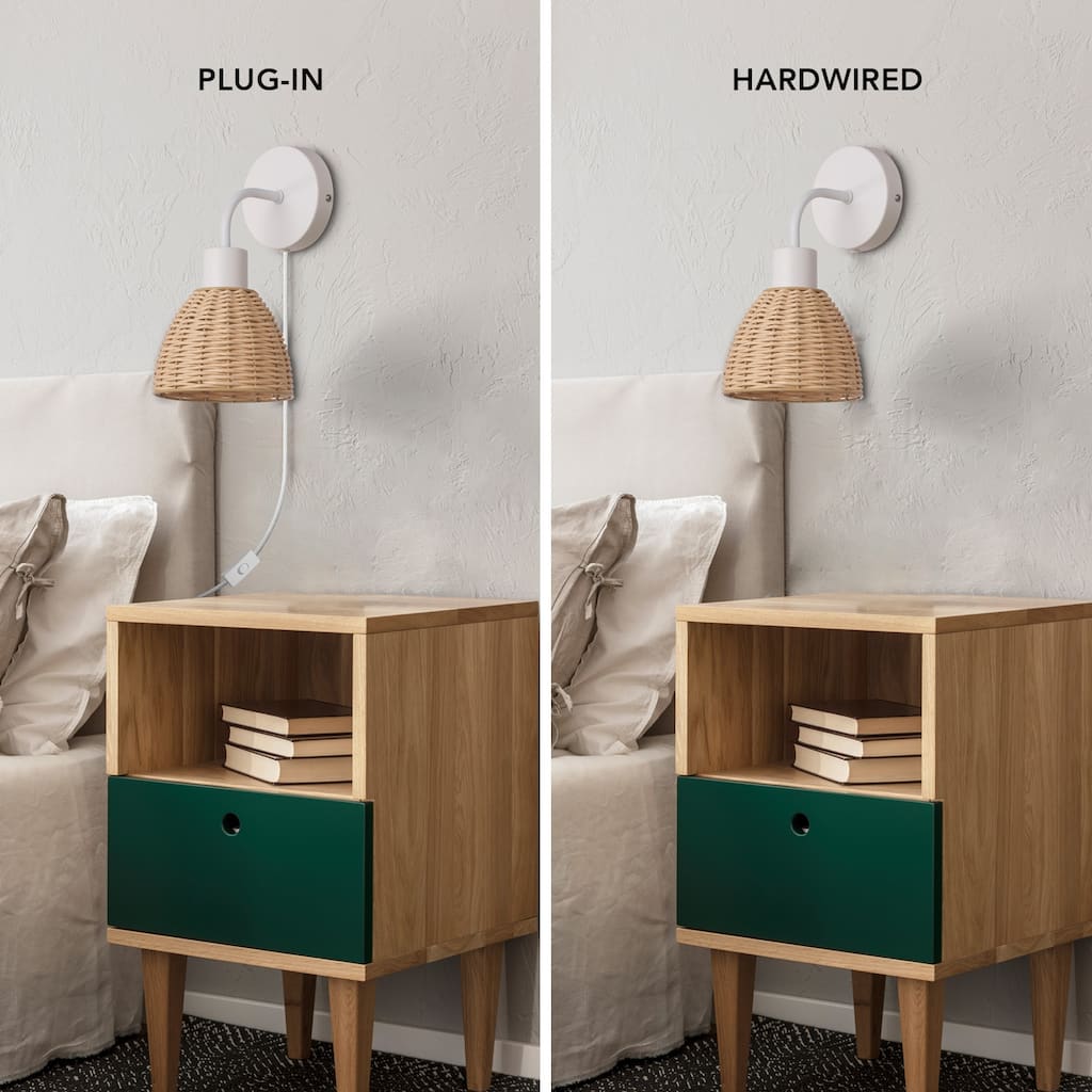 Briar 1-Light Matte White Plug-In or Hardwire Wall Sconce with Rattan Shade - one size