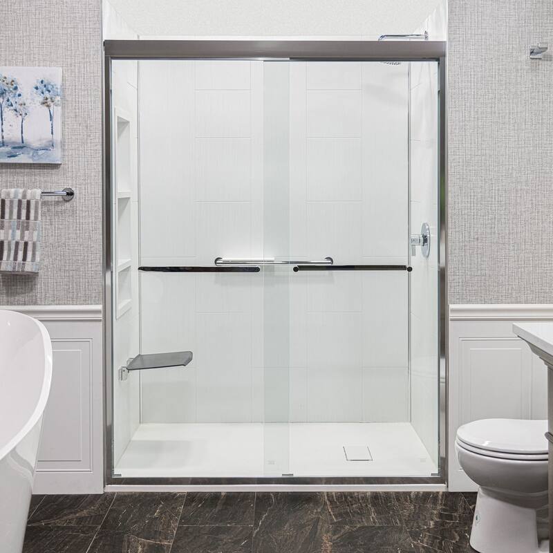 Frederick 47 in. W x 76 in. H Sliding Semi-Frameless Shower Door in Brushed Nickel with Clear Glass - 48 x 76 - 48 x 76