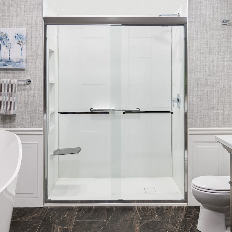 Frederick 59 in. W x 58 in. H Sliding Semi-Frameless Shower Door in Brushed Nickel with Clear Glass - 60 x 58 - 60 x 58