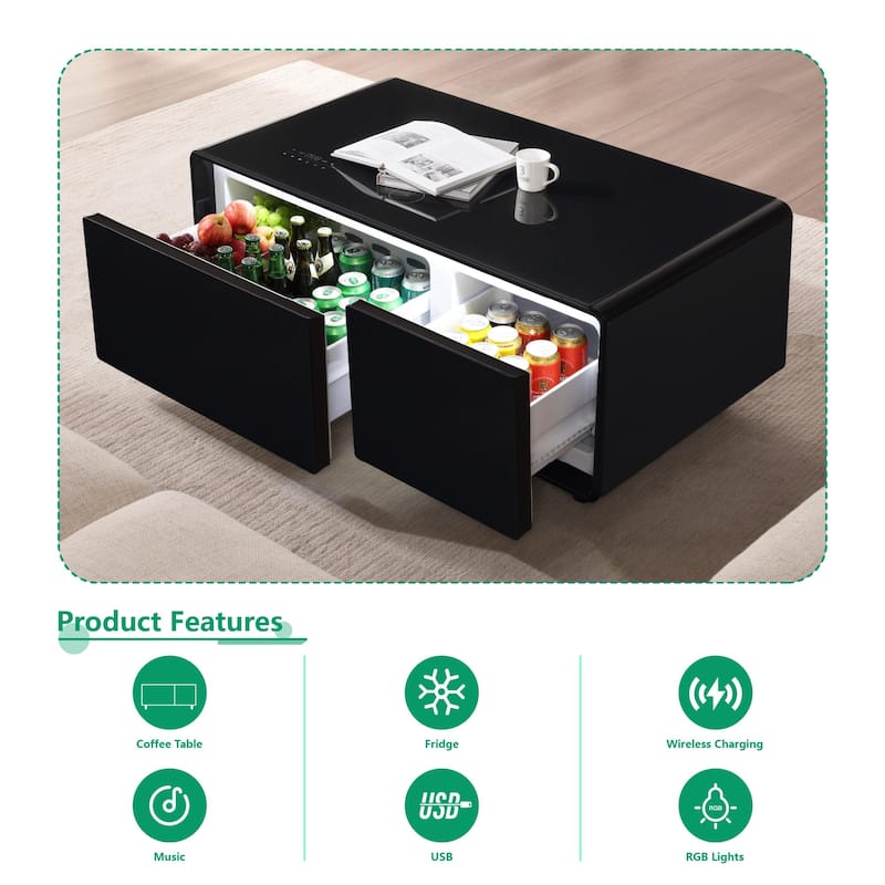 Smart Coffee Table with Built-in Fridge,Bluetooth Speaker,Wireless Charging,Touch Control Panel,USB Interface,Outlet Protection
