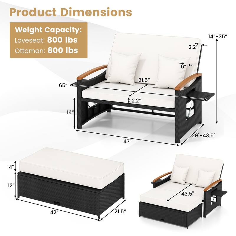 Gymax Patio Rattan Daybed Set w/Cushioned Loveseat & Storage Ottoman